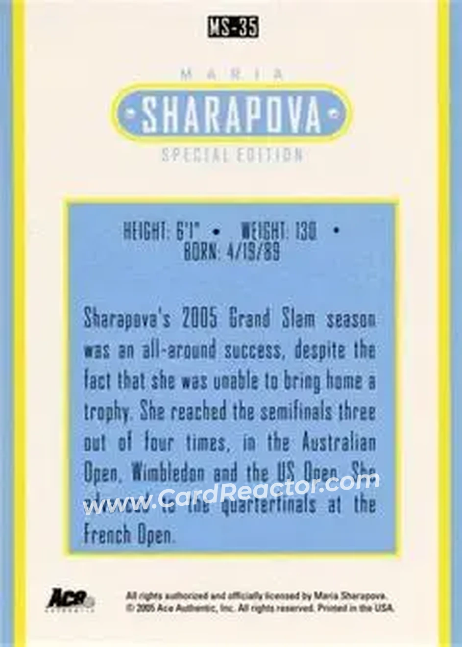 2005 Ace Authentic Sharapova SE #MS-35 - Maria Sharapova - Back