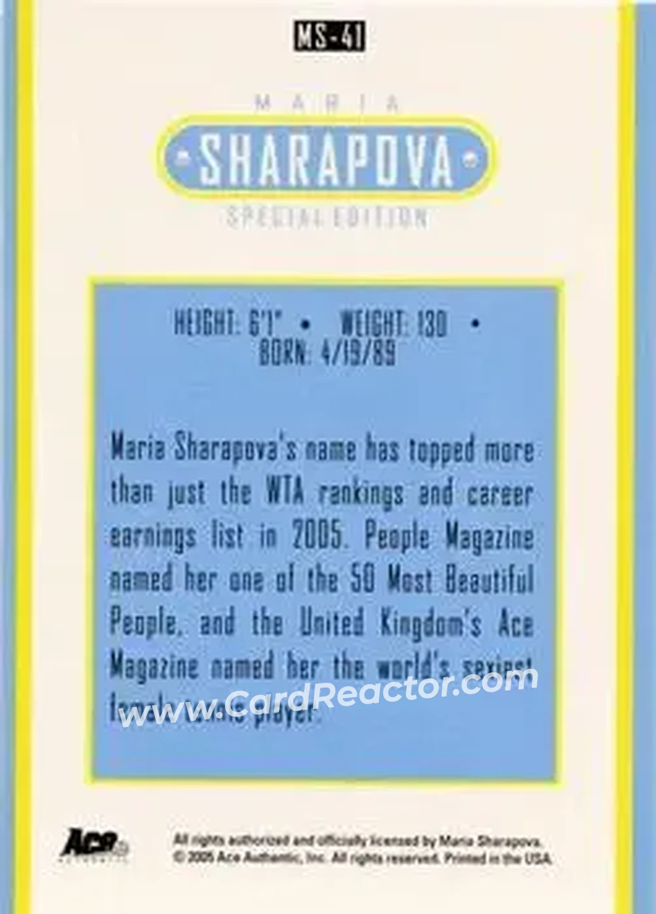 2005 Ace Authentic Sharapova SE #MS-41 - Maria Sharapova - Back