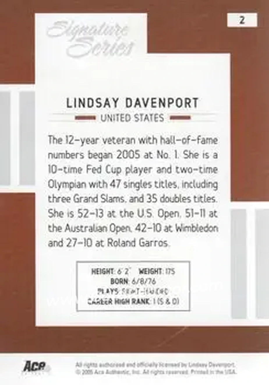2005 Ace Authentic Signature Series #2 - Lindsay Davenport - Back