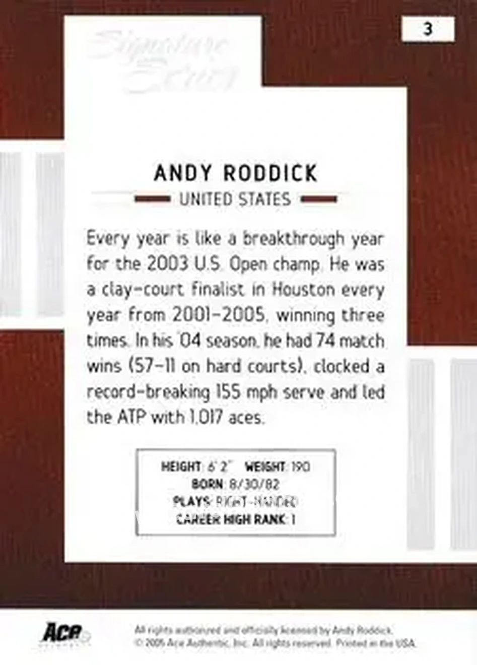 2005 Ace Authentic Signature Series #3 - Andy Roddick - Back 2005 Ace Authentic Signature Series #3 - Andy Roddick - Back