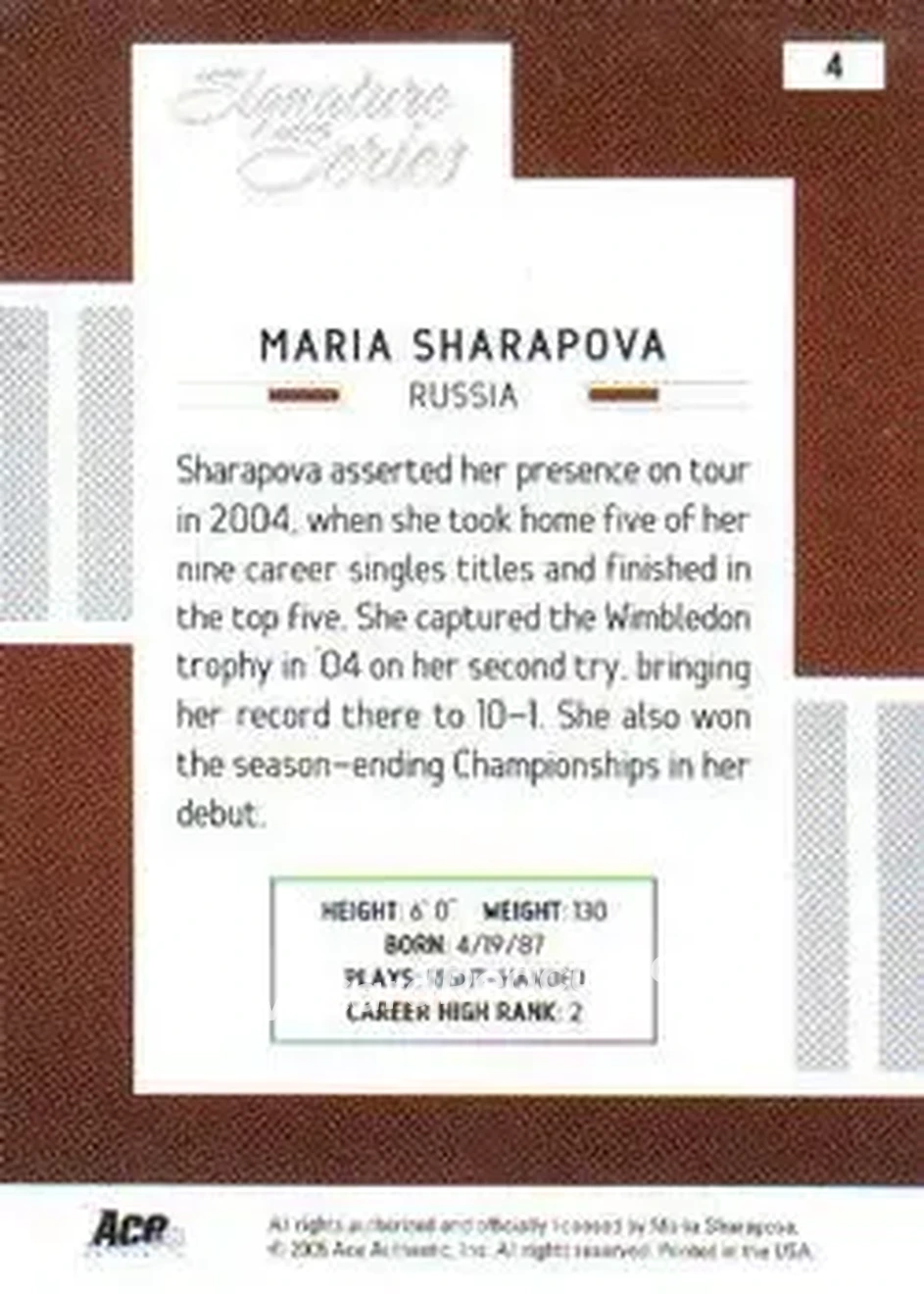 2005 Ace Authentic Signature Series #4 - Maria Sharapova - Back