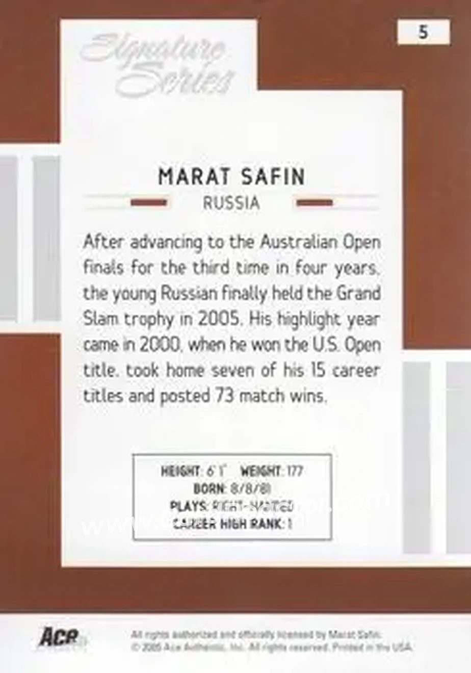2005 Ace Authentic Signature Series #5 - Marat Safin - Back