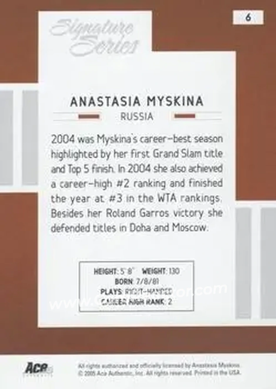 2005 Ace Authentic Signature Series #6 - Anastasia Myskina - Back