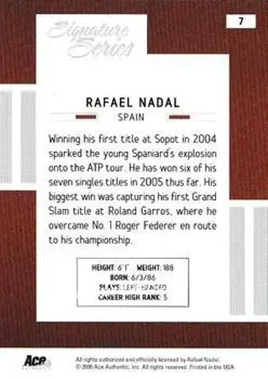 2005 Ace Authentic Signature Series #7 - Rafael Nadal - Back