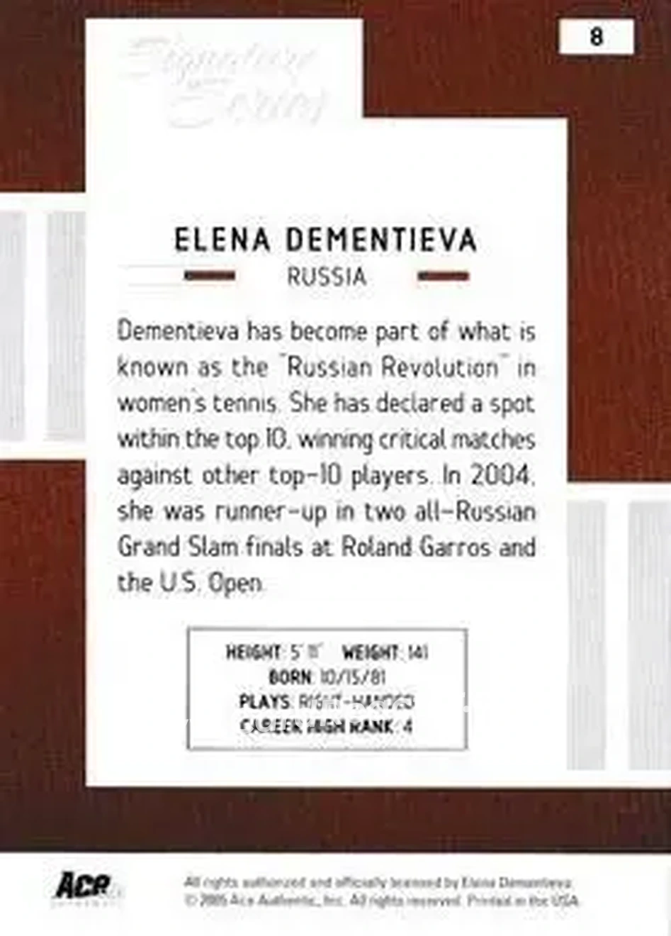 2005 Ace Authentic Signature Series #8 - Elena Dementieva - Back