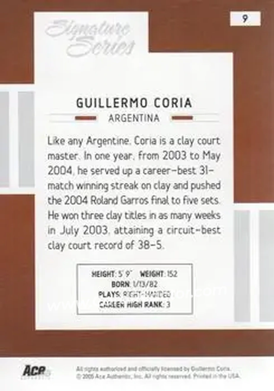 2005 Ace Authentic Signature Series #9 - Guillermo Coria - Back