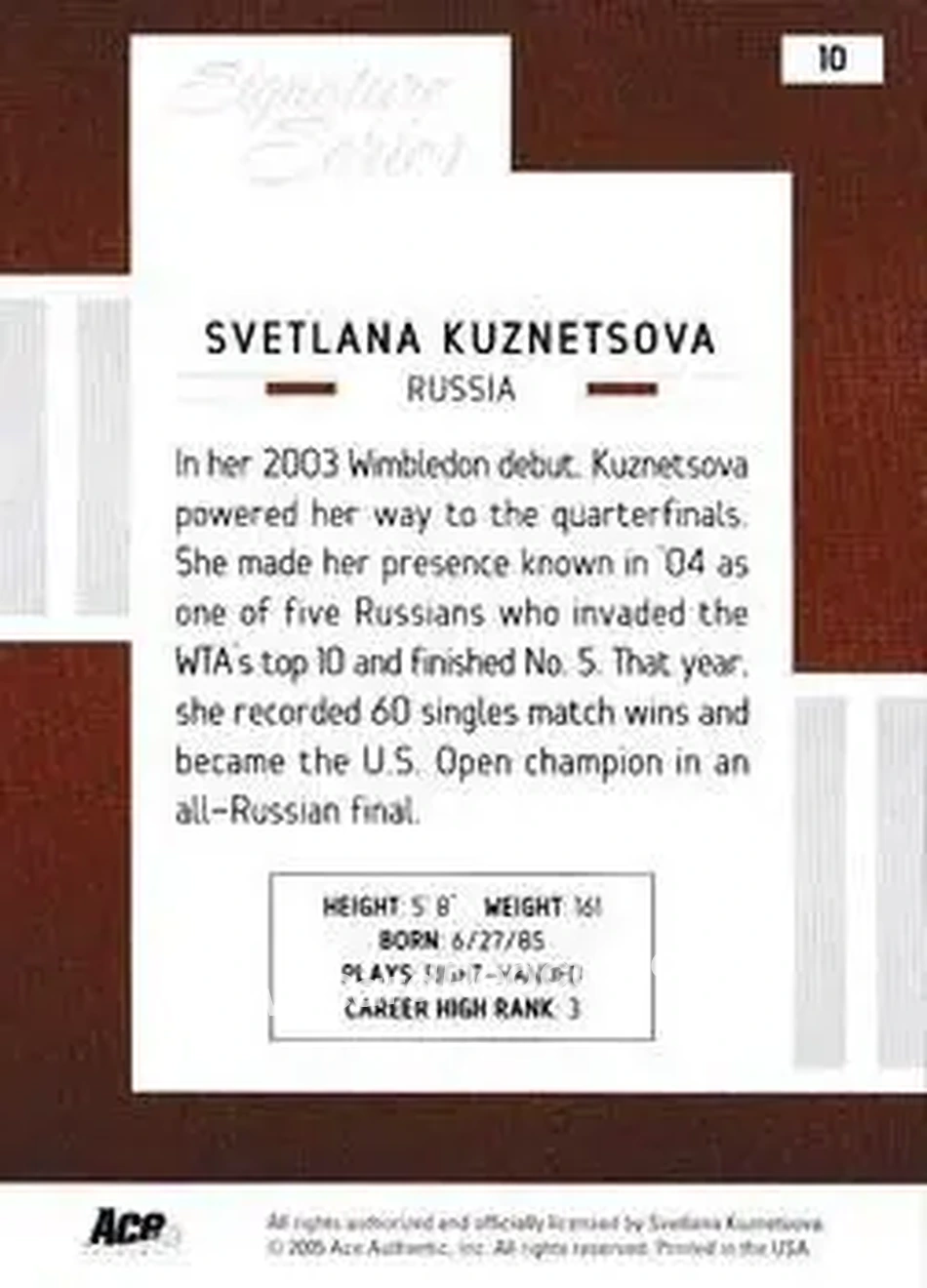 2005 Ace Authentic Signature Series #10 - Svetlana Kuznetsova - Back