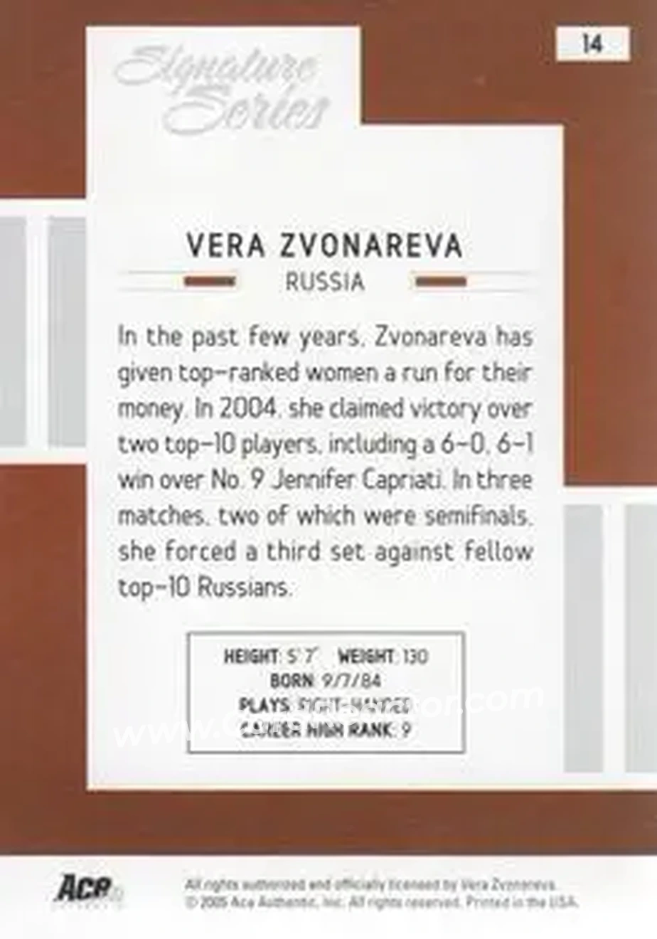 2005 Ace Authentic Signature Series #14 - Vera Zvonareva - Back