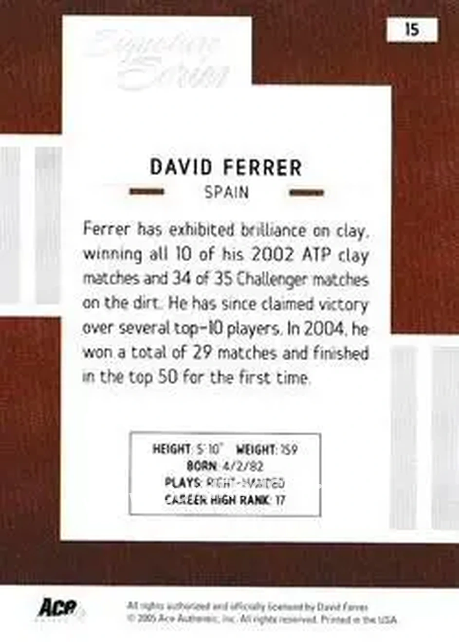 2005 Ace Authentic Signature Series #15 - David Ferrer - Back