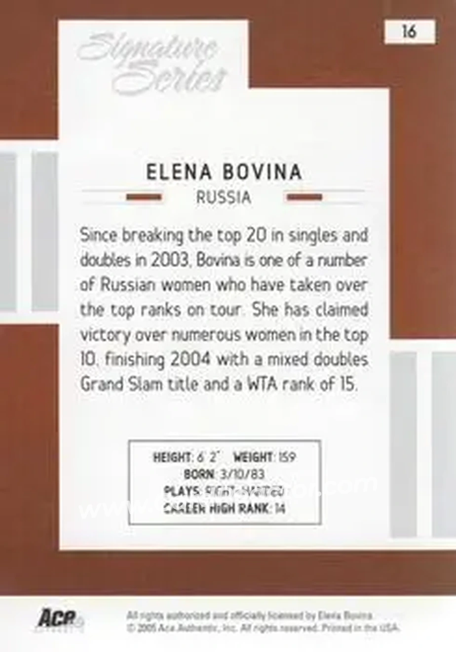 2005 Ace Authentic Signature Series #16 - Elena Bovina - Back