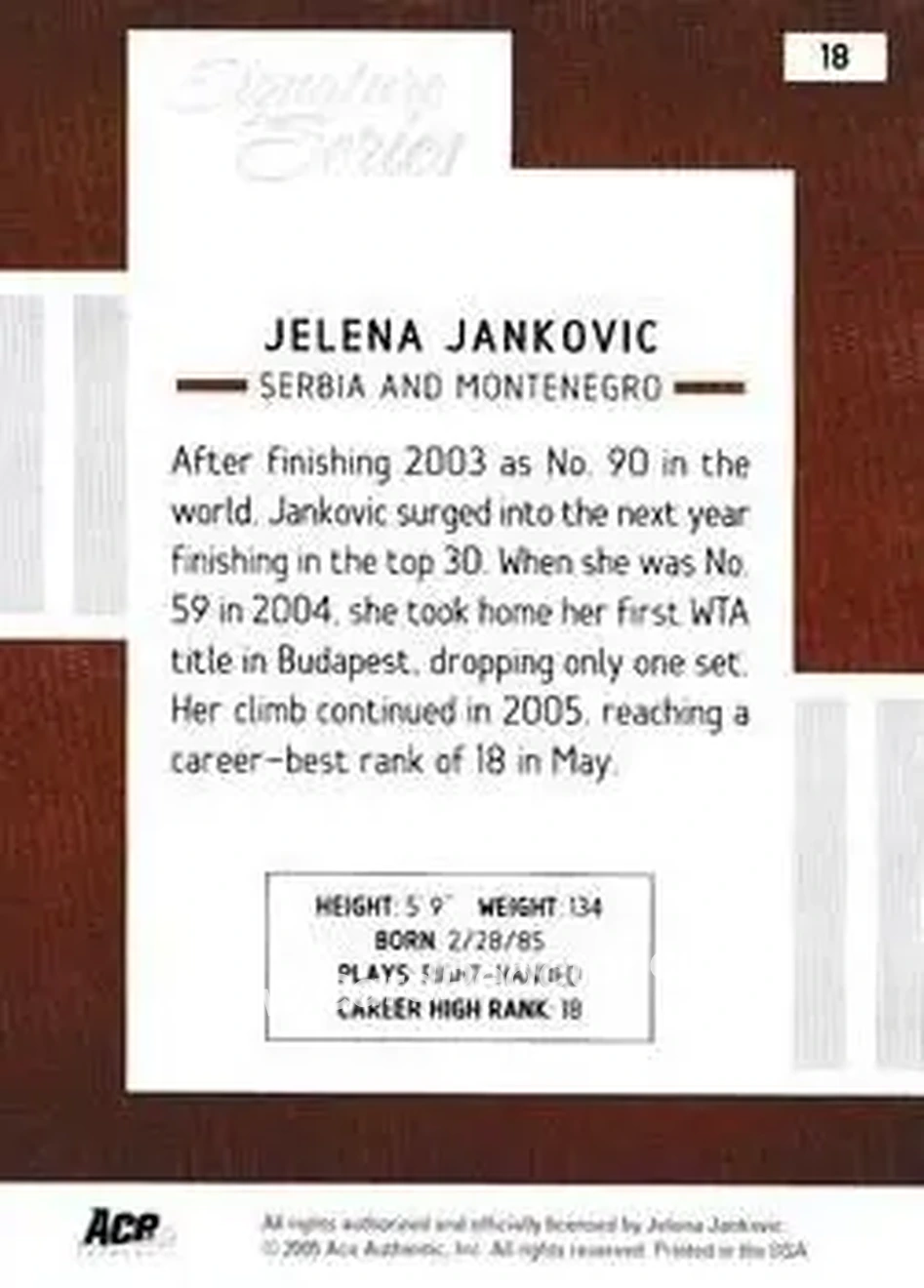 2005 Ace Authentic Signature Series #18 - Jelena Jankovic - Back