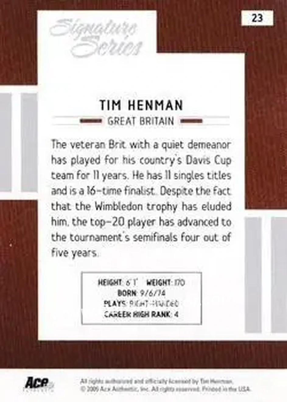 2005 Ace Authentic Signature Series #23 - Tim Henman - Back