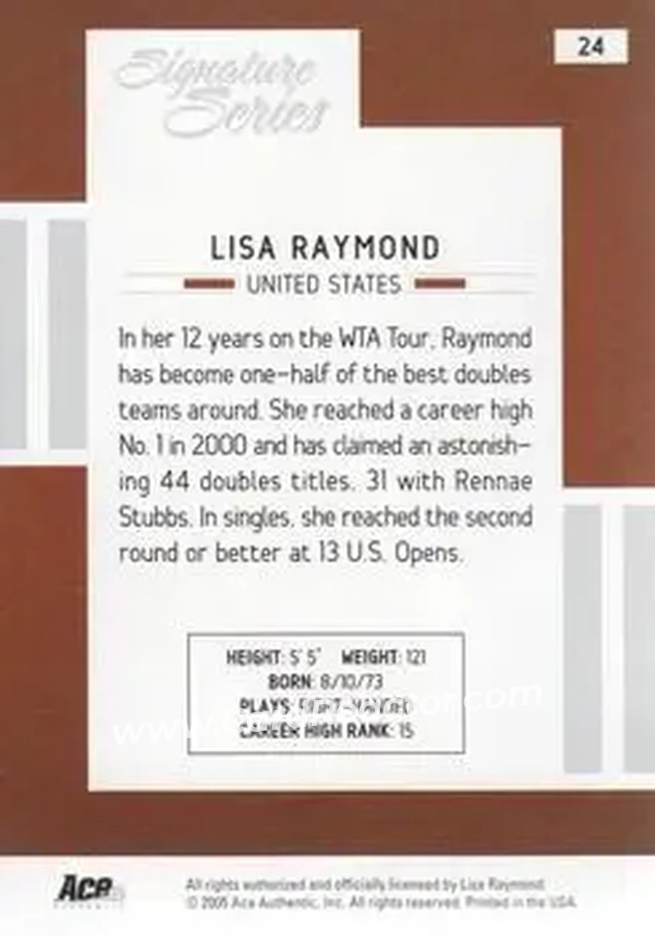 2005 Ace Authentic Signature Series #24 - Lisa Raymond - Back