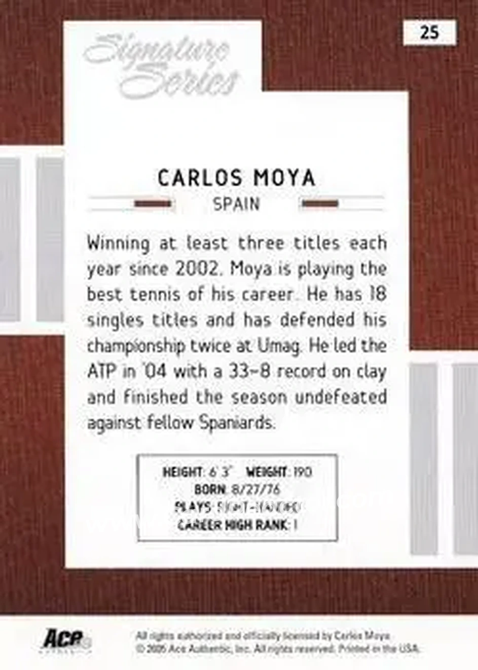 2005 Ace Authentic Signature Series #25 - Carlos Moya - Back