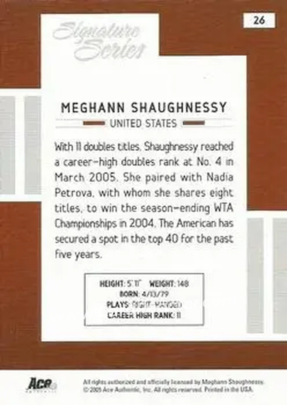 2005 Ace Authentic Signature Series #26 - Meghann Shaughnessy - Back