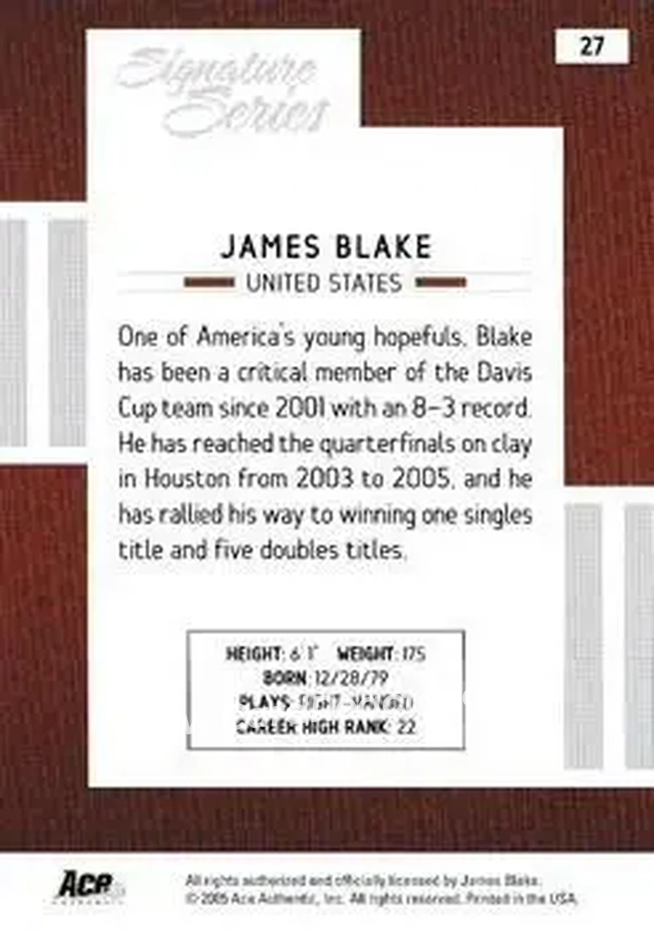 2005 Ace Authentic Signature Series #27 - James Blake - Back 2005 Ace Authentic Signature Series #27 - James Blake - Back