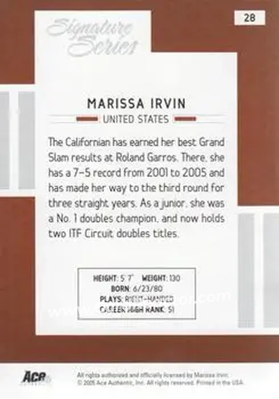 2005 Ace Authentic Signature Series #28 - Marissa Irvin - Back