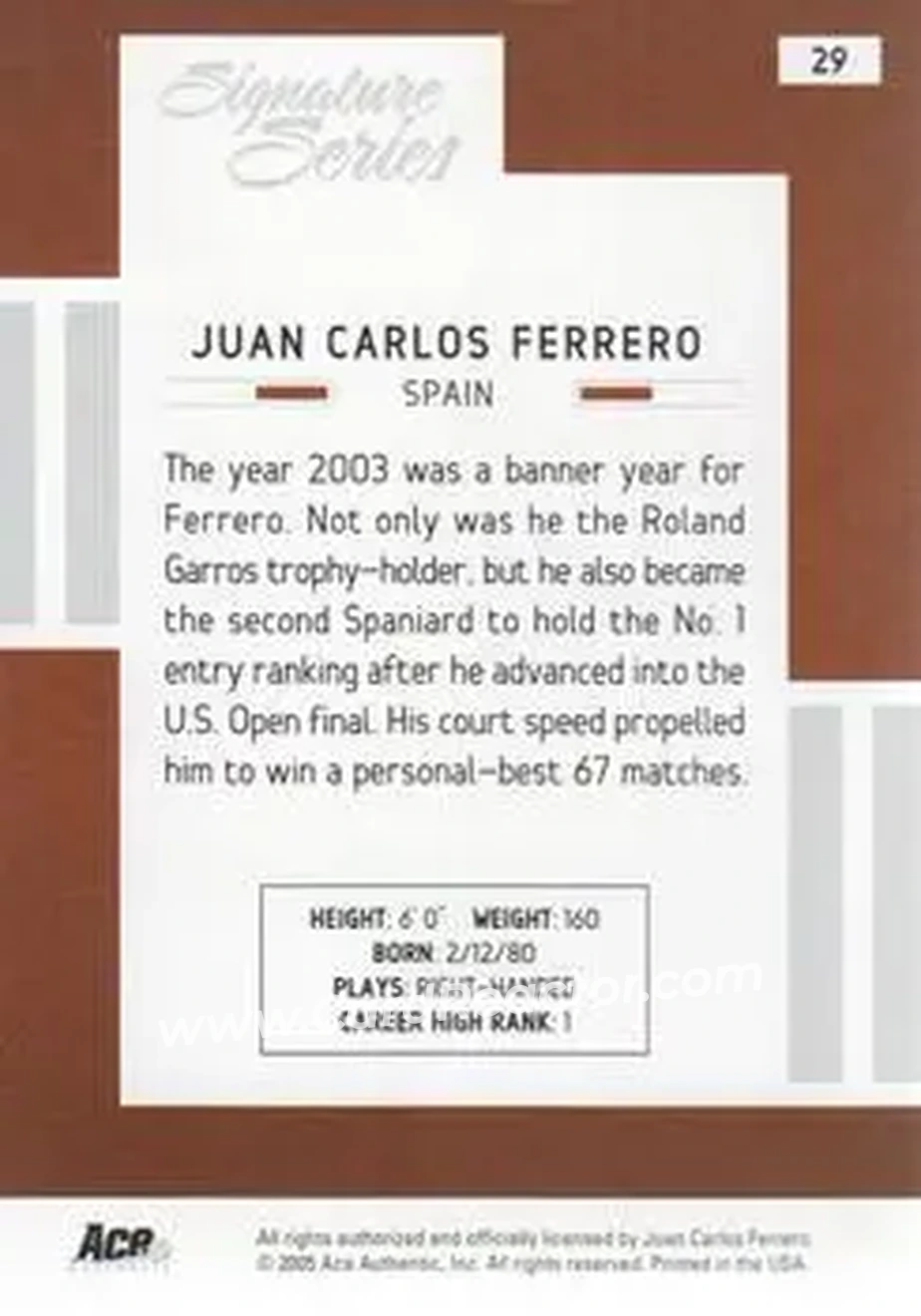2005 Ace Authentic Signature Series #29 - Juan Carlos Ferrero - Back