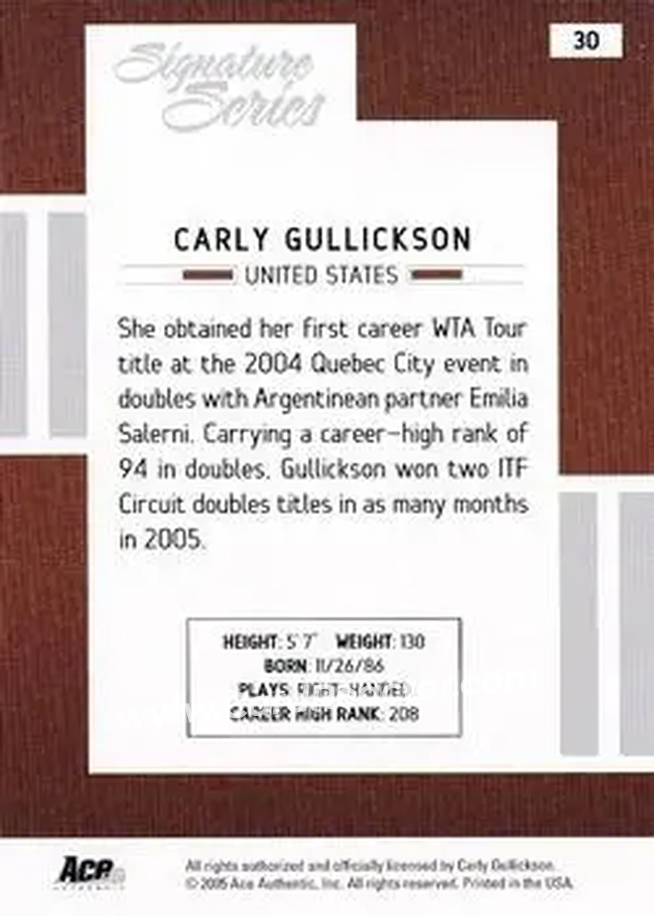 2005 Ace Authentic Signature Series #30 - Carly Gullickson - Back