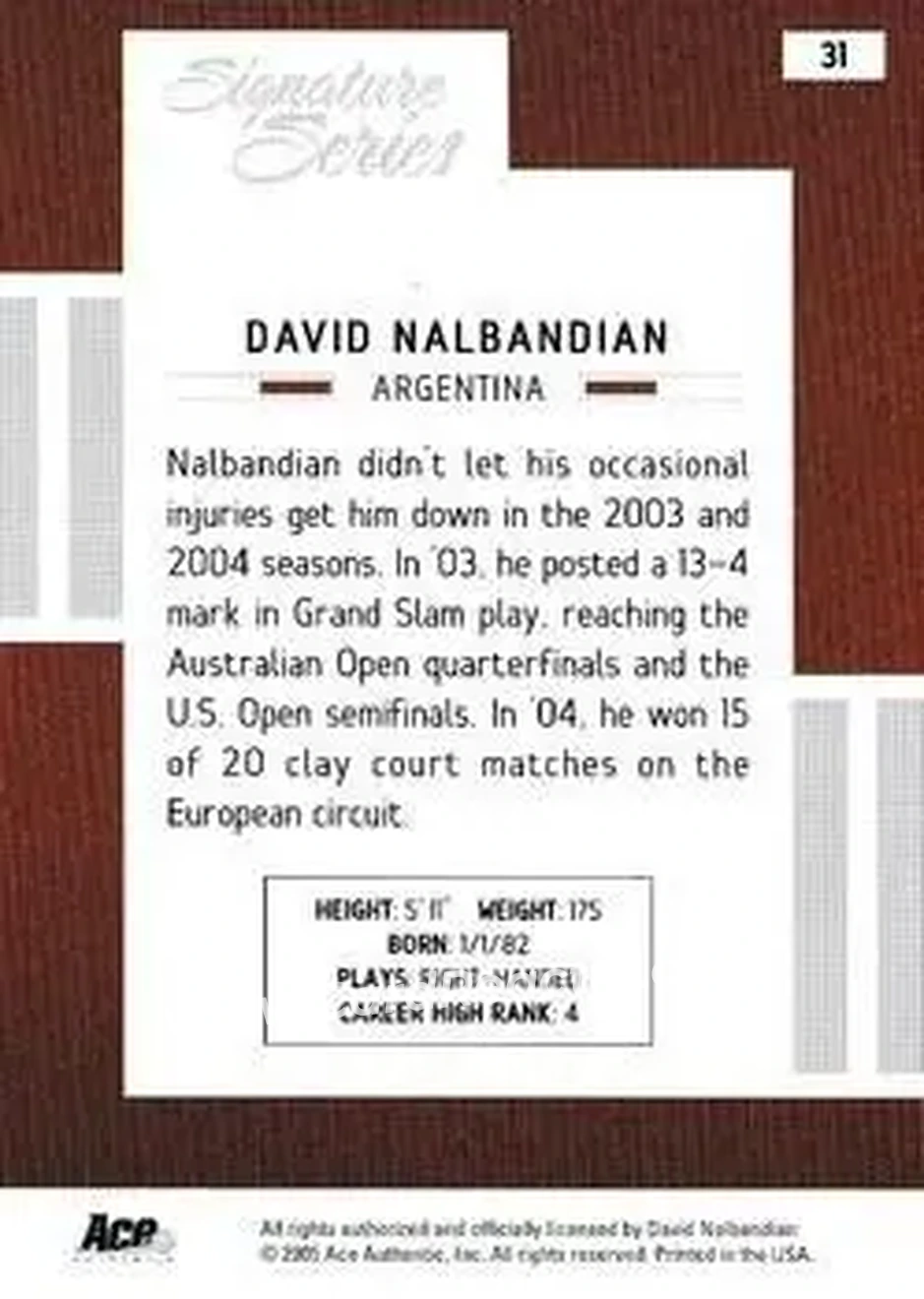2005 Ace Authentic Signature Series #31 - David Nalbandian - Back