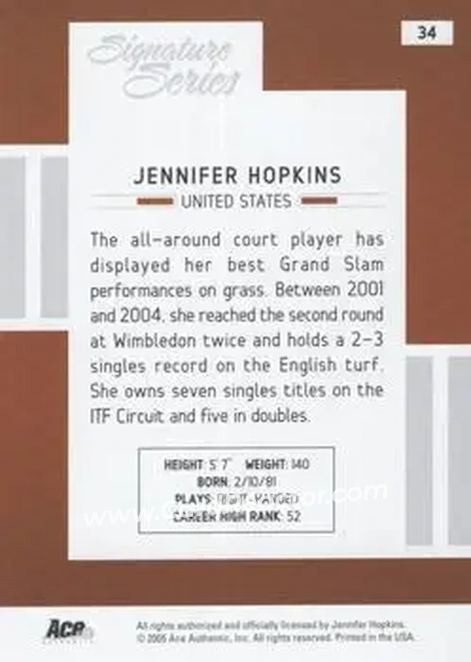 2005 Ace Authentic Signature Series #34 - Jennifer Hopkins - Back