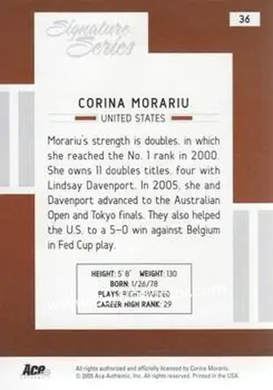 2005 Ace Authentic Signature Series #36 - Corina Morariu - Back
