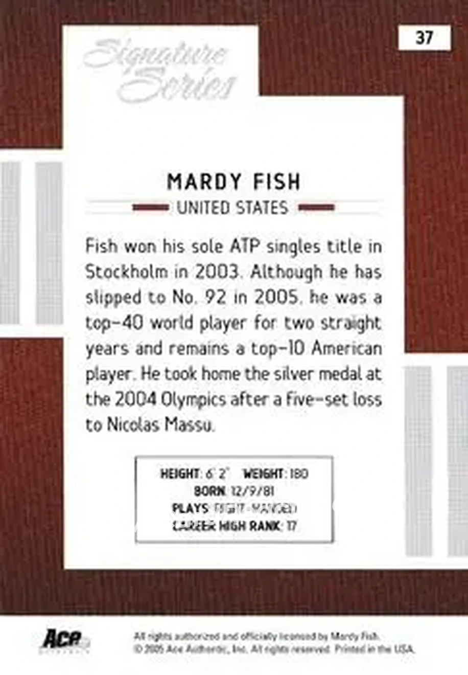 2005 Ace Authentic Signature Series #37 - Mardy Fish - Back