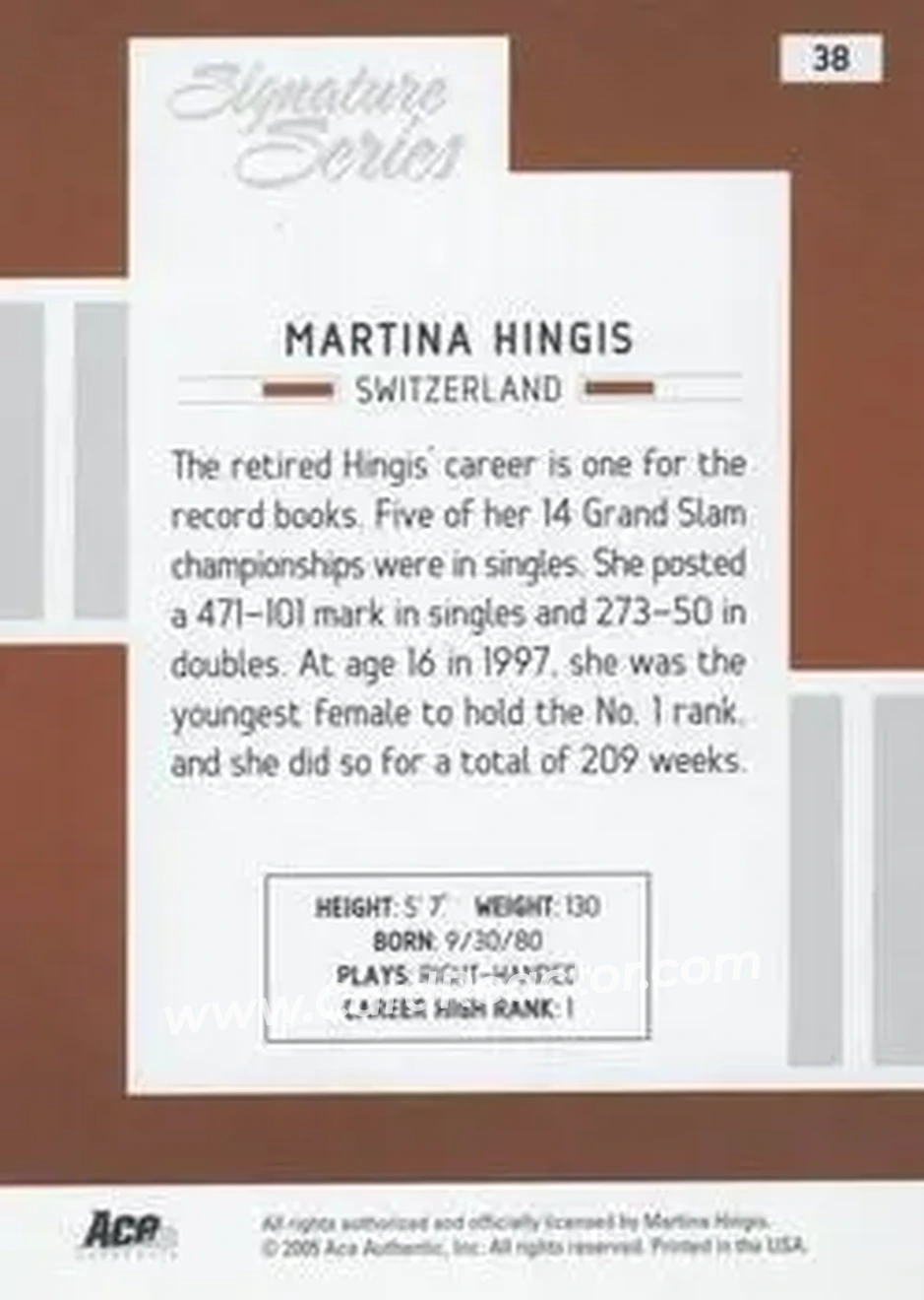 2005 Ace Authentic Signature Series #38 - Martina Hingis - Back 2005 Ace Authentic Signature Series #38 - Martina Hingis - Back