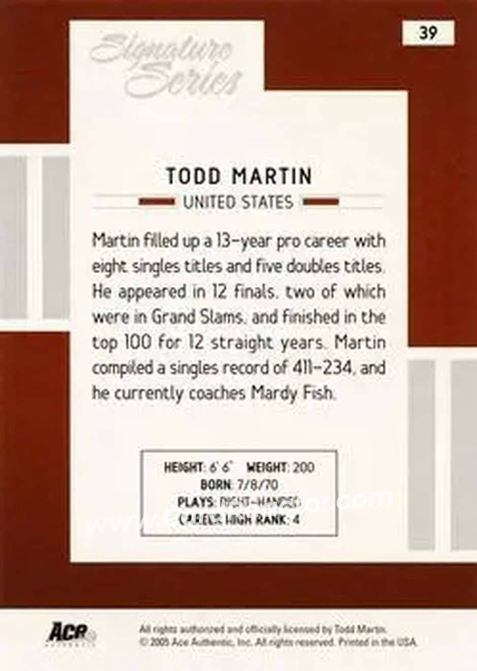 2005 Ace Authentic Signature Series #39 - Todd Martin - Back 2005 Ace Authentic Signature Series #39 - Todd Martin - Back