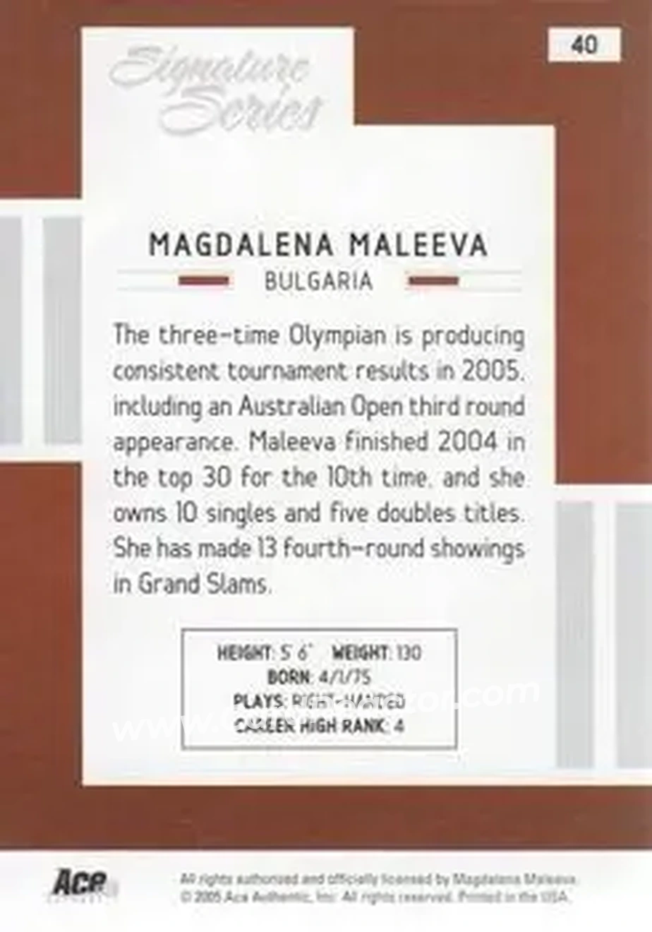 2005 Ace Authentic Signature Series #40 - Magdalena Maleeva - Back