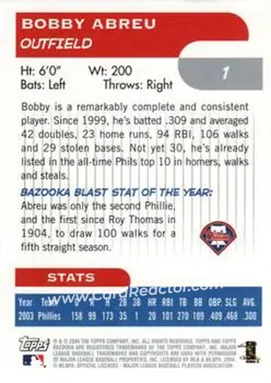 2004 Bazooka #1 - Bob Abreu - Philadelphia Phillies - Back