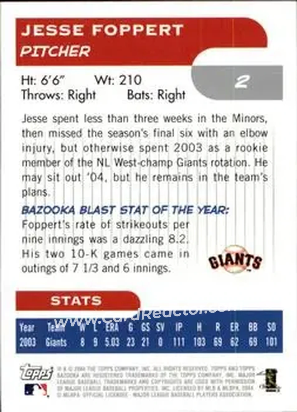 2004 Bazooka #2 - Jesse Foppert - San Francisco Giants - Back