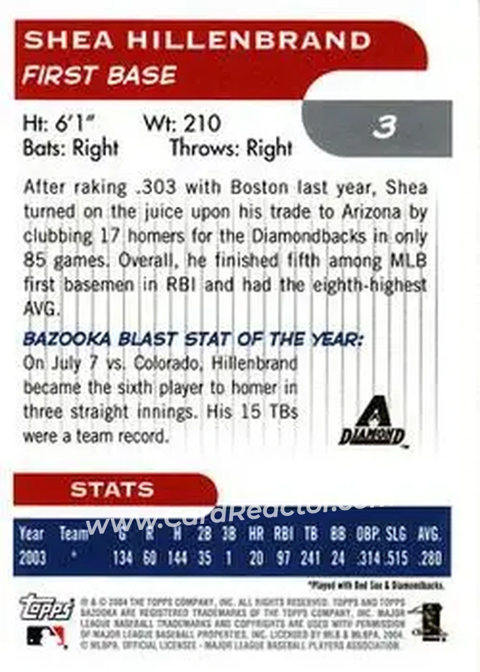 2004 Bazooka #3 - Shea Hillenbrand - Arizona Diamondbacks - Back