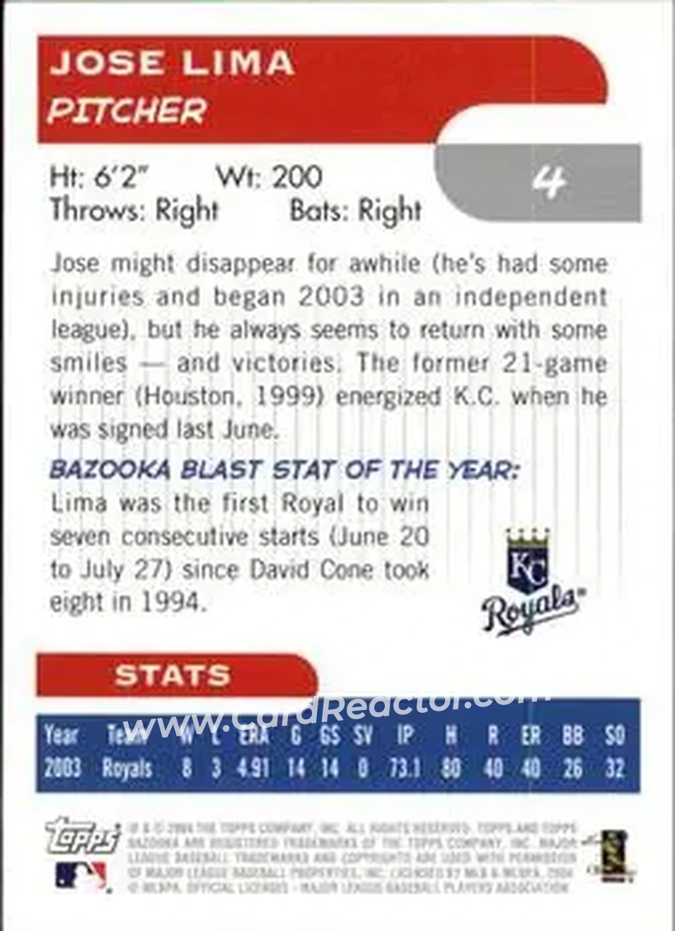 2004 Bazooka #4 - Jose Lima - Kansas City Royals - Back