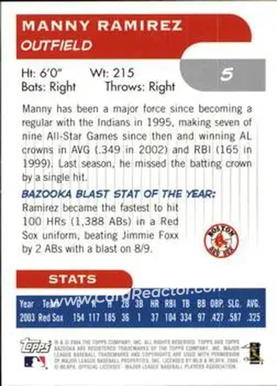 2004 Bazooka #5 - Manny Ramirez - Boston Red Sox - Back