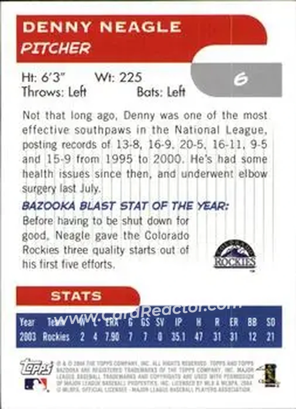 2004 Bazooka #6 - Denny Neagle - Colorado Rockies - Back