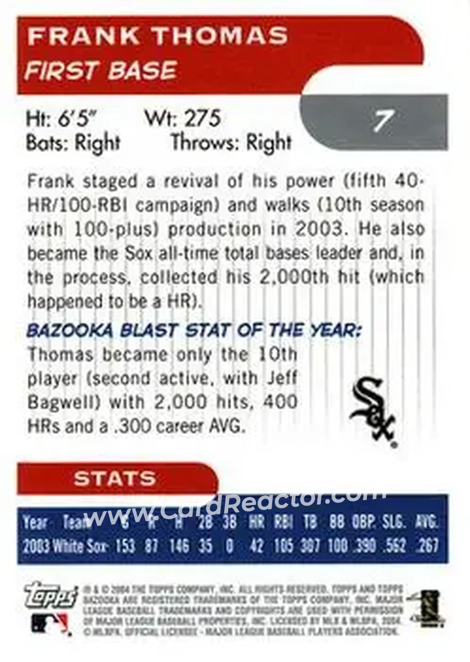 2004 Bazooka #7 - Frank Thomas - Chicago White Sox - Back