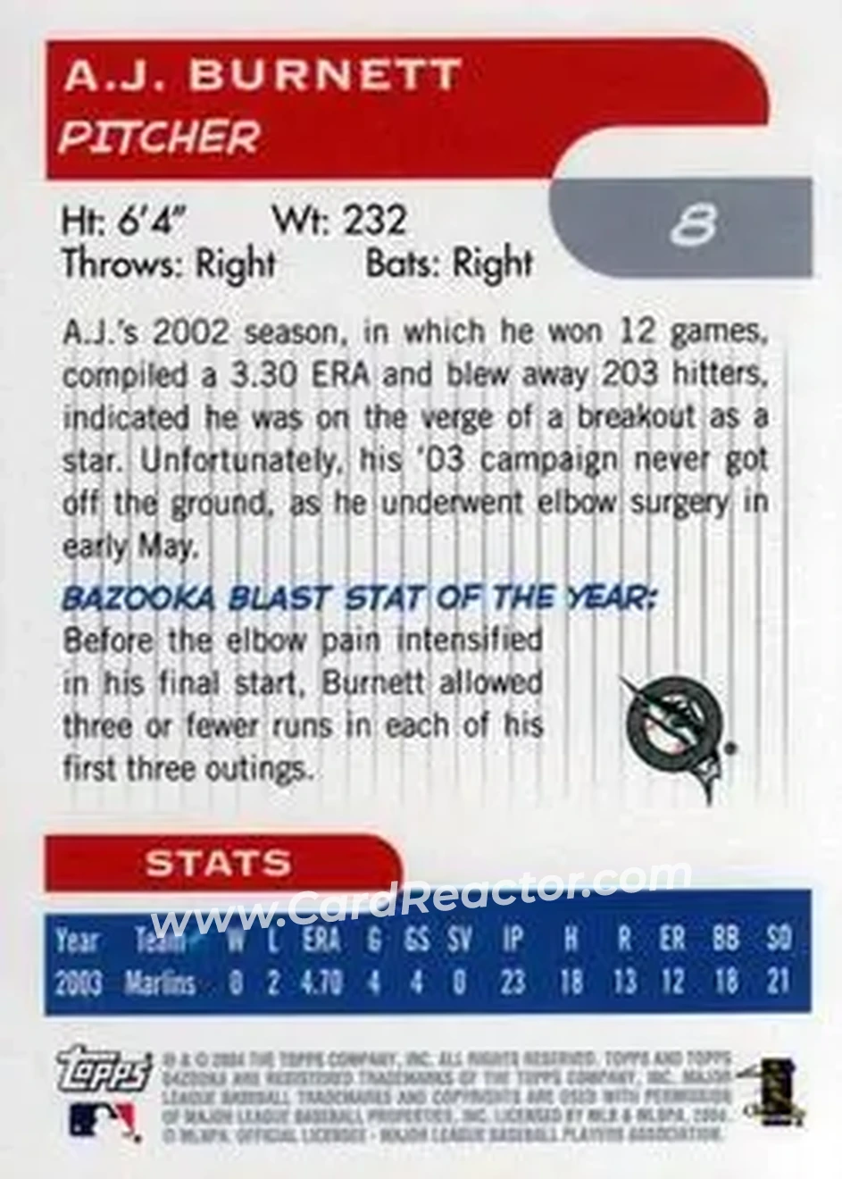 2004 Bazooka #8 - A.J. Burnett - Florida Marlins - Back