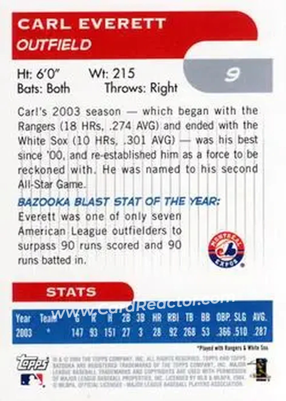 2004 Bazooka #9 - Carl Everett - Montreal Expos - Back