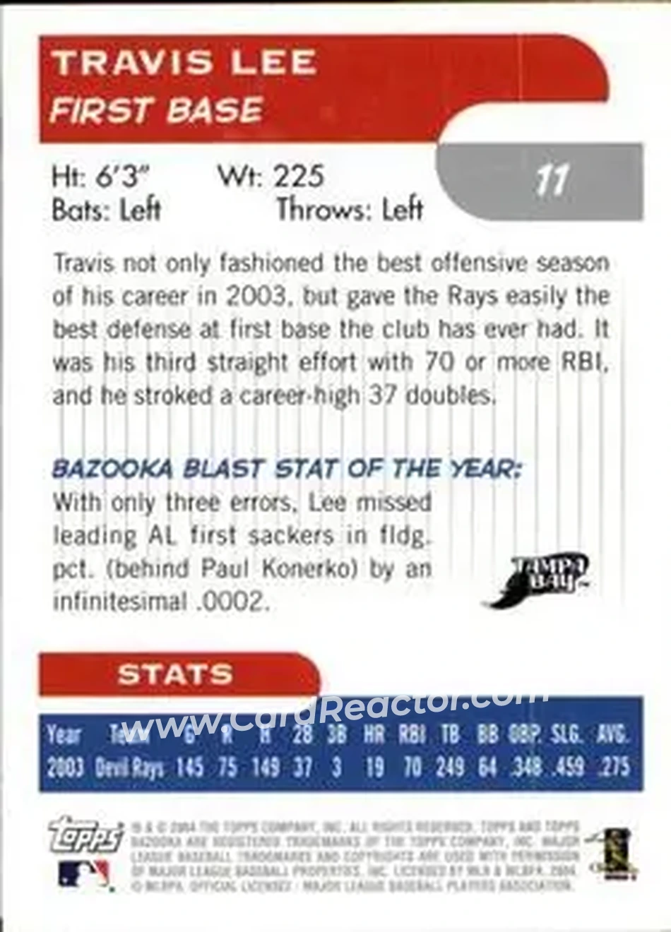 2004 Bazooka #11 - Travis Lee - Tampa Bay Devil Rays - Back