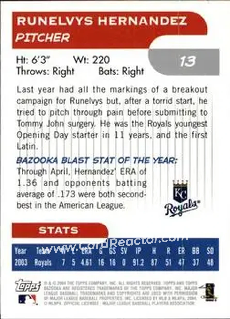 2004 Bazooka #13 - Runelvys Hernandez - Kansas City Royals - Back