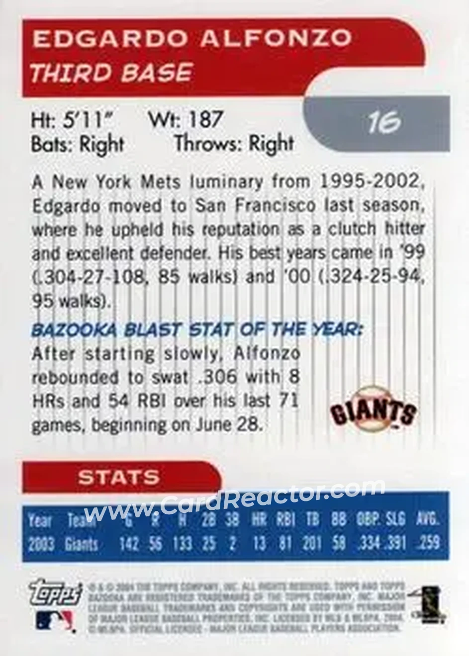 2004 Bazooka #16 - Edgardo Alfonzo - San Francisco Giants - Back
