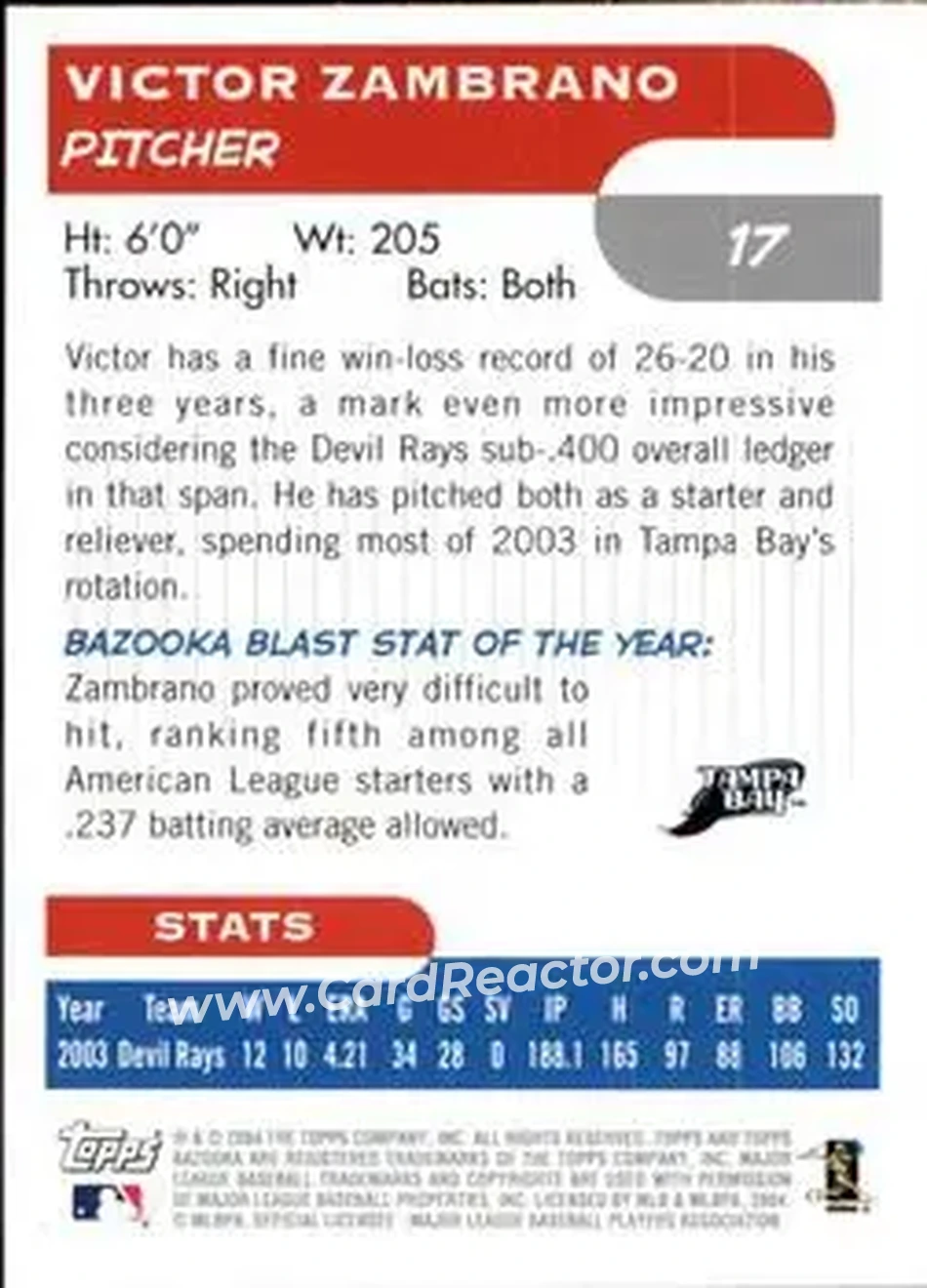 2004 Bazooka #17 - Victor Zambrano - Tampa Bay Devil Rays - Back