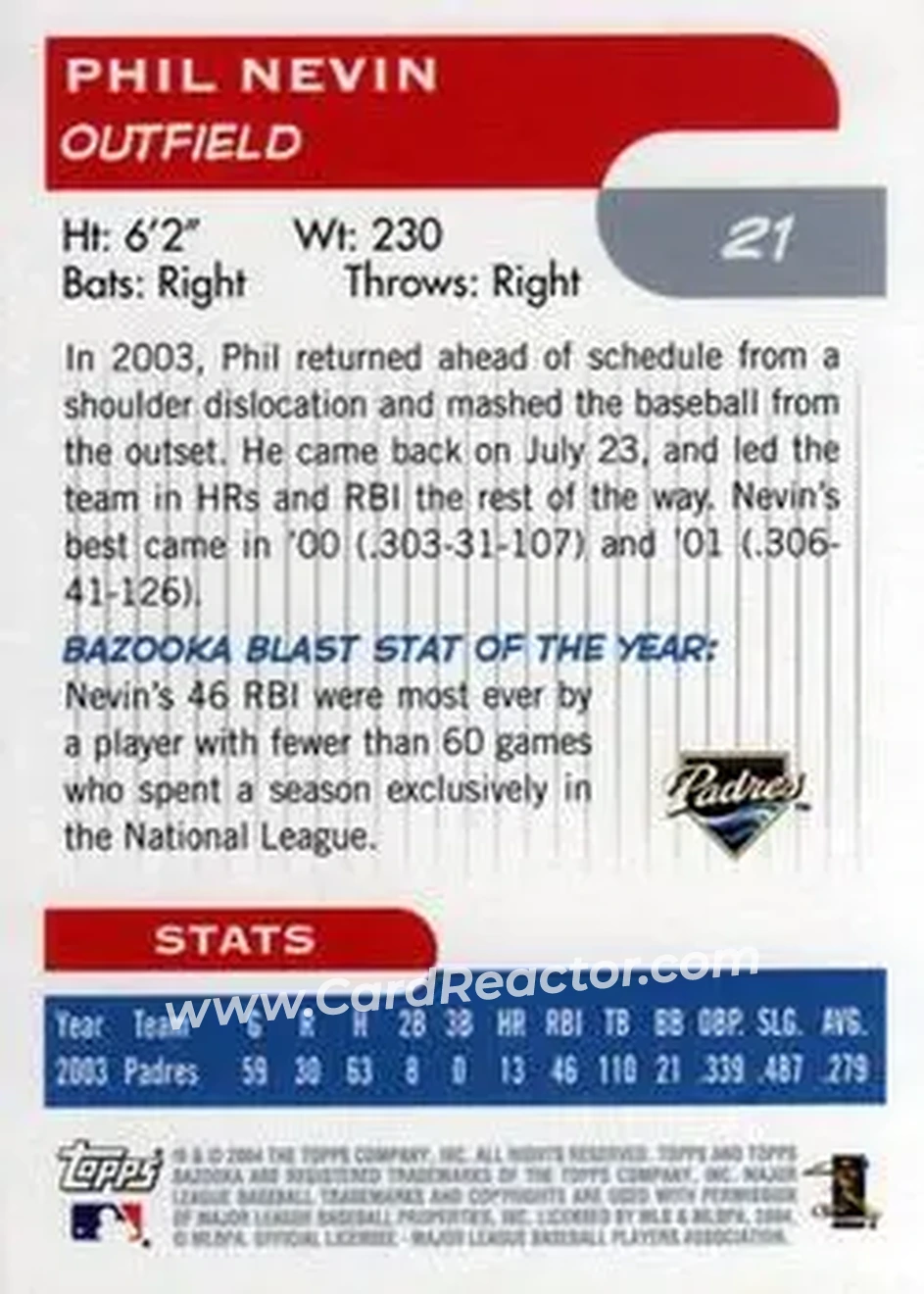 2004 Bazooka #21 - Phil Nevin - San Diego Padres - Back 2004 Bazooka #21 - Phil Nevin - San Diego Padres - Back