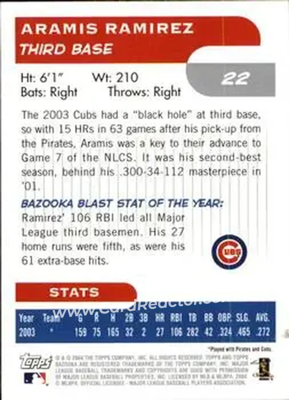 2004 Bazooka #22 - Aramis Ramirez - Chicago Cubs - Back