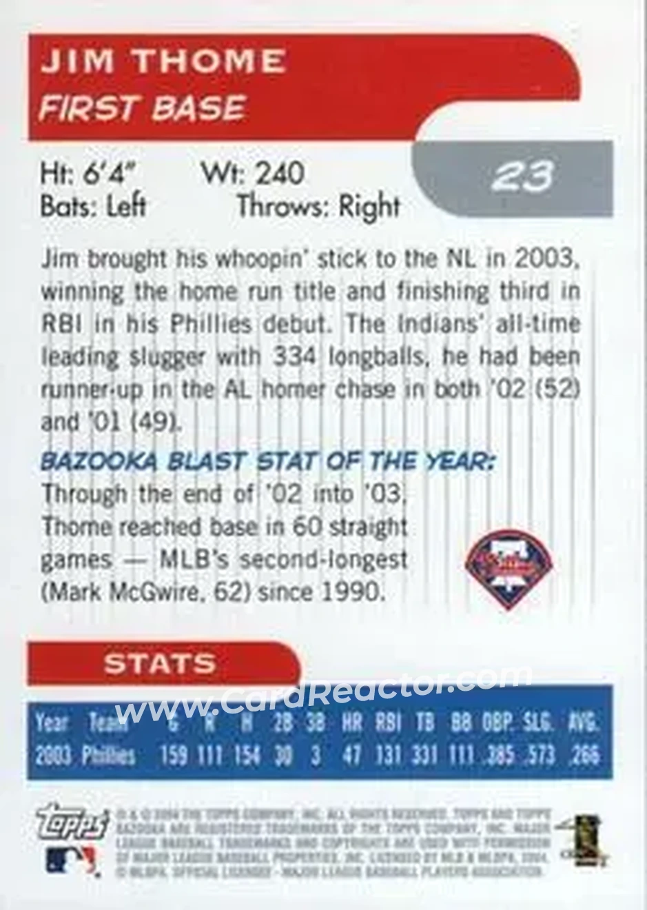 2004 Bazooka #23 - Jim Thome - Philadelphia Phillies - Back