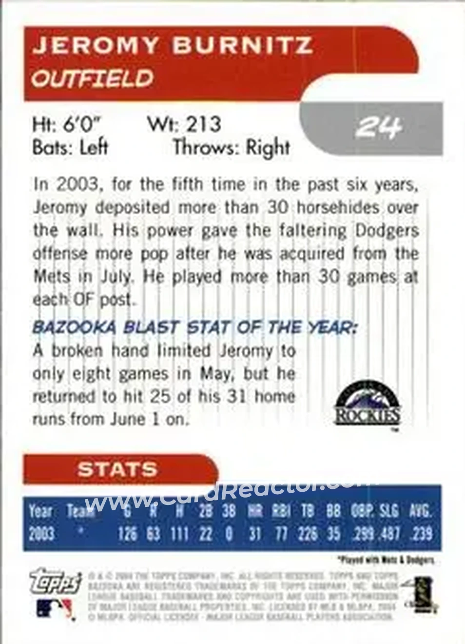 2004 Bazooka #24 - Jeromy Burnitz - Colorado Rockies - Back