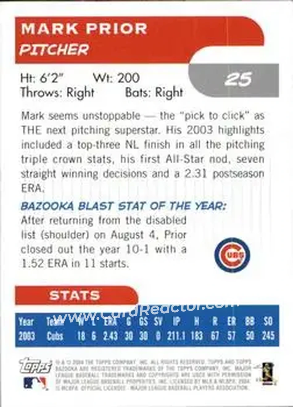 2004 Bazooka #25b - Mark Prior - Chicago Cubs - Back