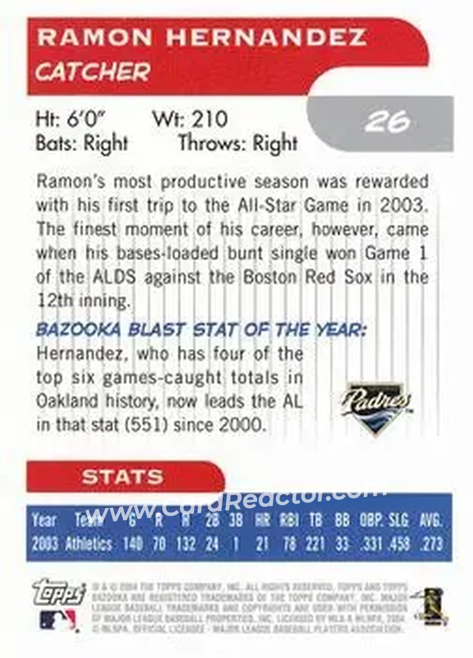2004 Bazooka #26 - Ramon Hernandez - San Diego Padres - Back 2004 Bazooka #26 - Ramon Hernandez - San Diego Padres - Back
