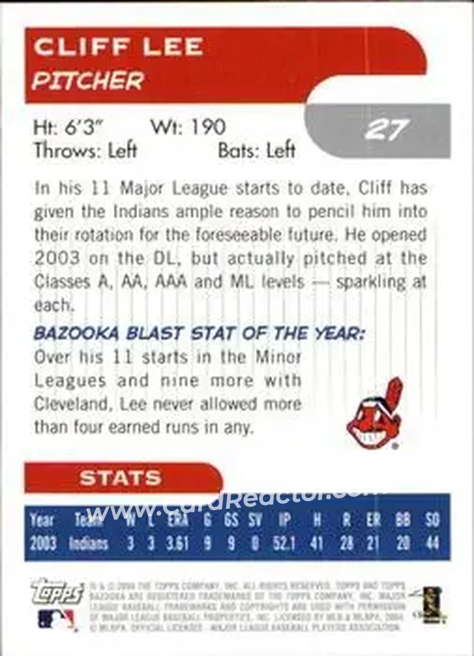 2004 Bazooka #27 - Cliff Lee - Cleveland Indians - Back